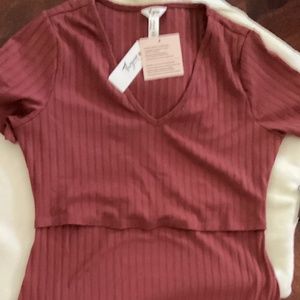 NEW Rib maternity nursing dress flattering A line side slit stretchy size S wine